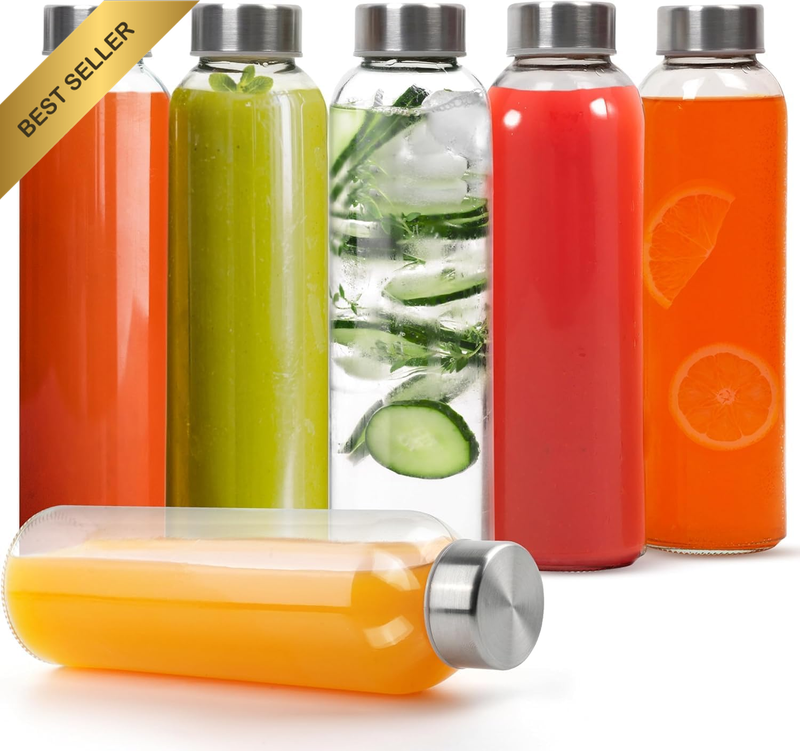 6 Pack 500ML Glass Water Bottles with Stainless Caps Leakproof Reusable