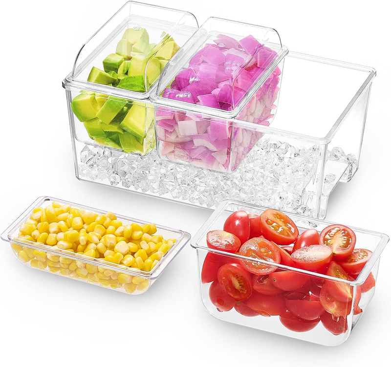 Ice Chilled Condiment Caddy with 3 Containers(2.5 Cup), Condiment Server with Se