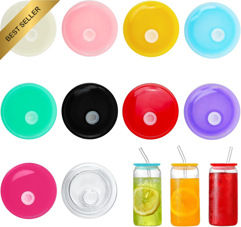 10 Pcs Acrylic Lids,Acrylic Lids and Glass Straws with Straw, Reusable Colorful
