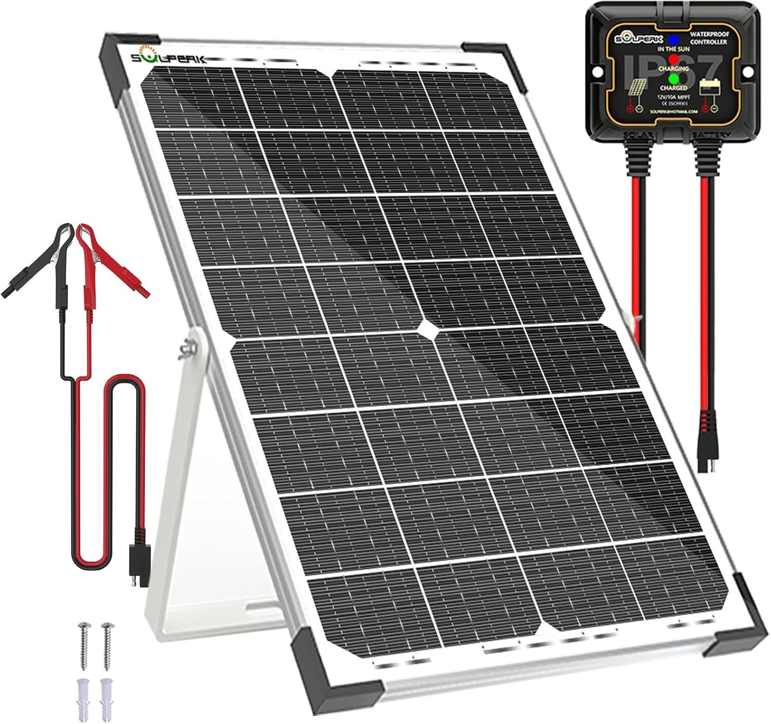 30W Solar Charger with MPPT Controller & Adjustable Bracket for 12V Batteries