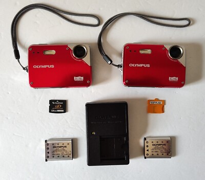 Lot of 2 Olympus X-560WP Waterproof Digital Cameras 10MP w/ Memory Cards Tested