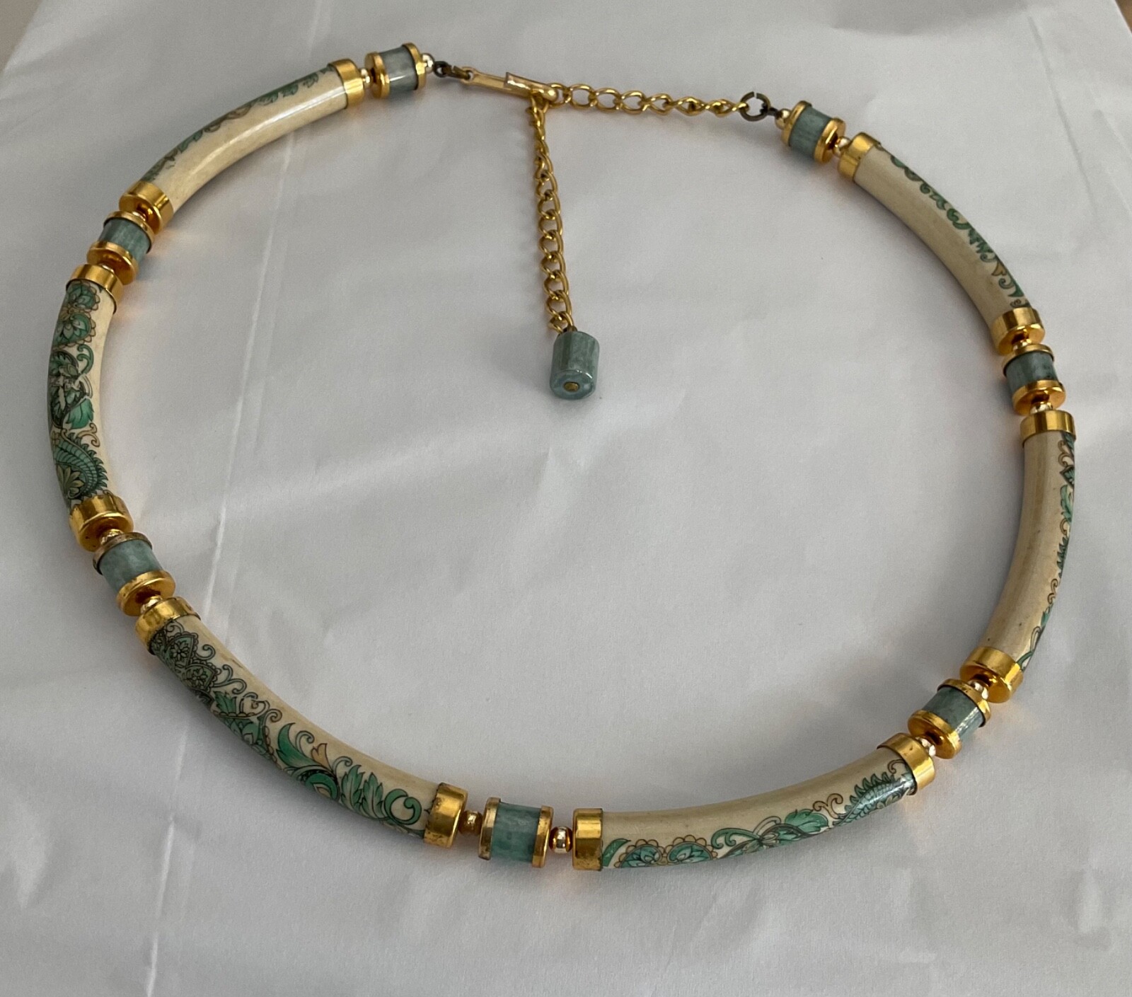 Rare, Vtg. Necklace Japan Gold Tube Porcelain Turquoise