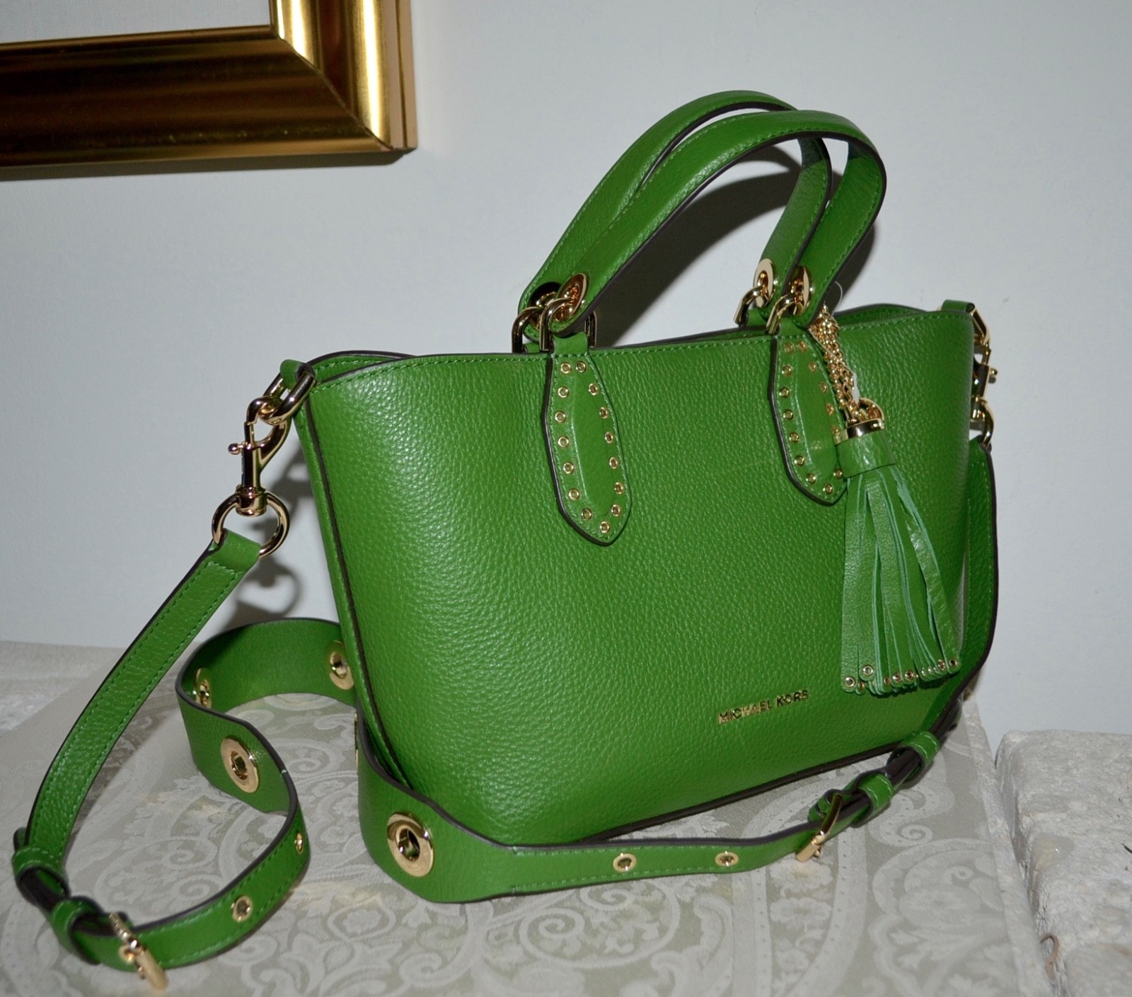 NWT $358 MICHAEL KORS Brooklyn Sml Grab Bag Satchel Crossbody TRUE GREEN LEATHER