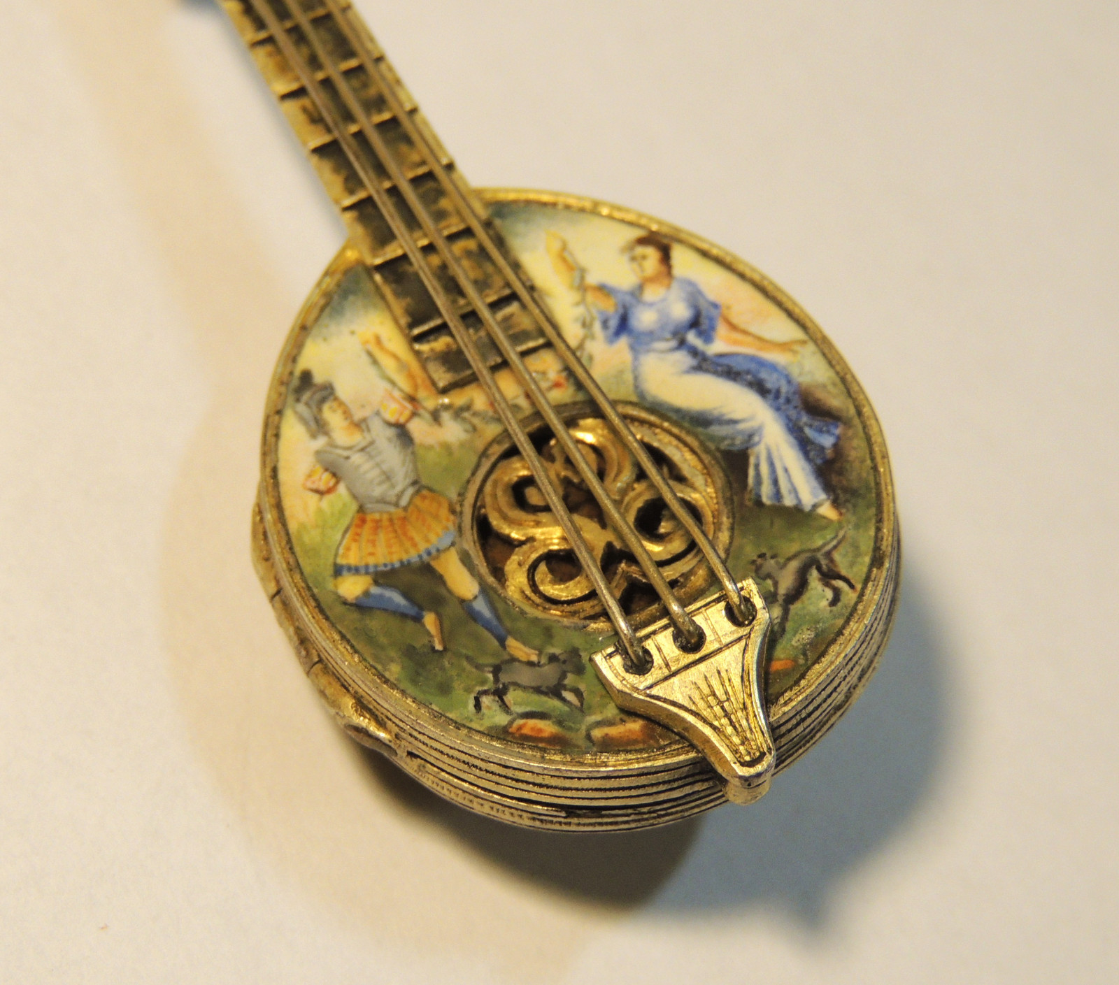 STUNNING Antique Victorian Silver Enamel Painting VINAIGRETTE Scent MANDOLIN exc