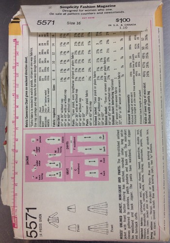 Vtg Simplicity 5571 Unlined Jacket Mini-skirt Pants Pattern Miss Size 16 B38 W30