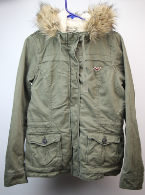 Hollister Teddy Lined Parka Jacket With Faux Fur Hood in Green