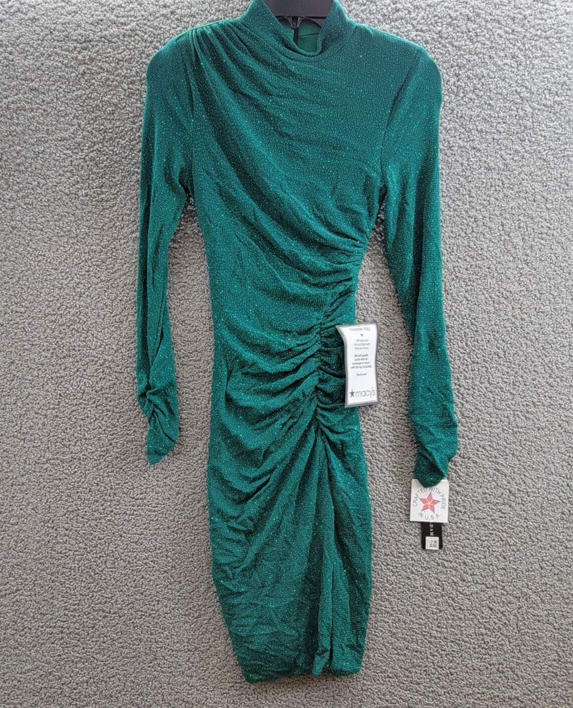 Betsy & Adam Ruched Glitter-Knit Side-Slit Dress Womens 2 Green Back Zip Closure - Picture 2 of 15