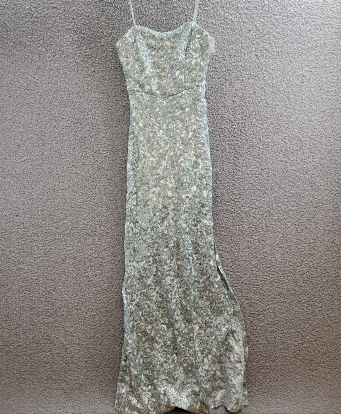 Emerald Sundae Sequined Lace Side-Slit Gown Juniors' S Sage Straight Neck Zipped - Picture 2 of 17