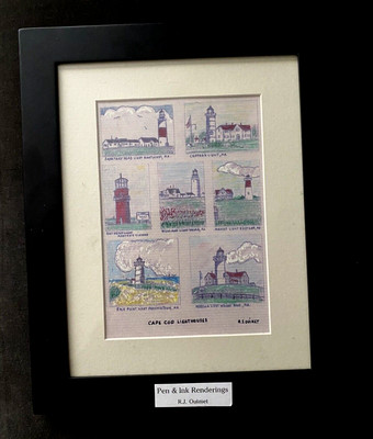 ORIGINAL PEN INK RENDERING CAPE COD MASS LIGHTHOUSES YARMOUTH ARTIST R.J. OUIMET