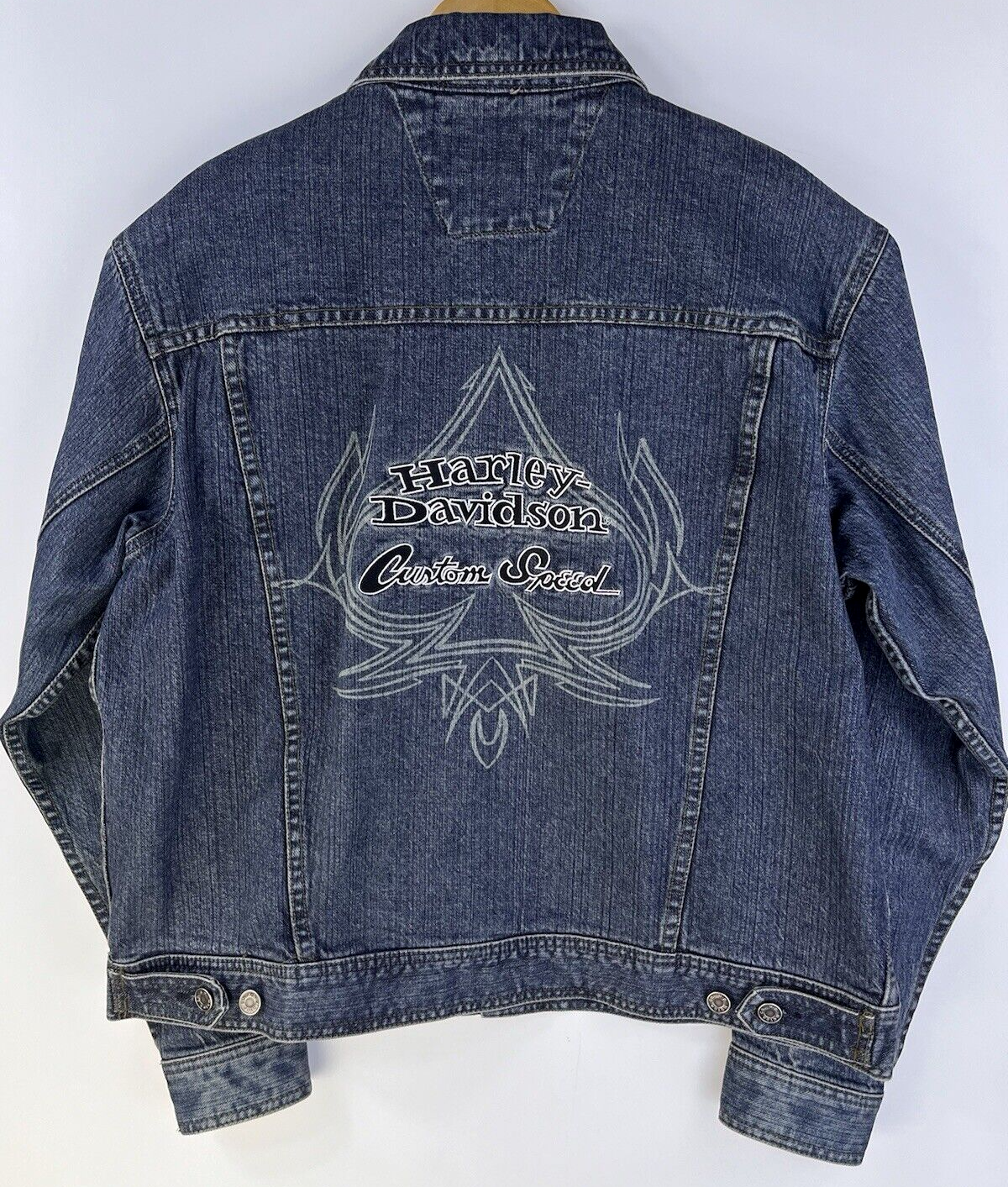 Harley-Davidson 刺繍デニムジャケット Harley Davidson Large Embroidered Custom Speed Blue Denim
