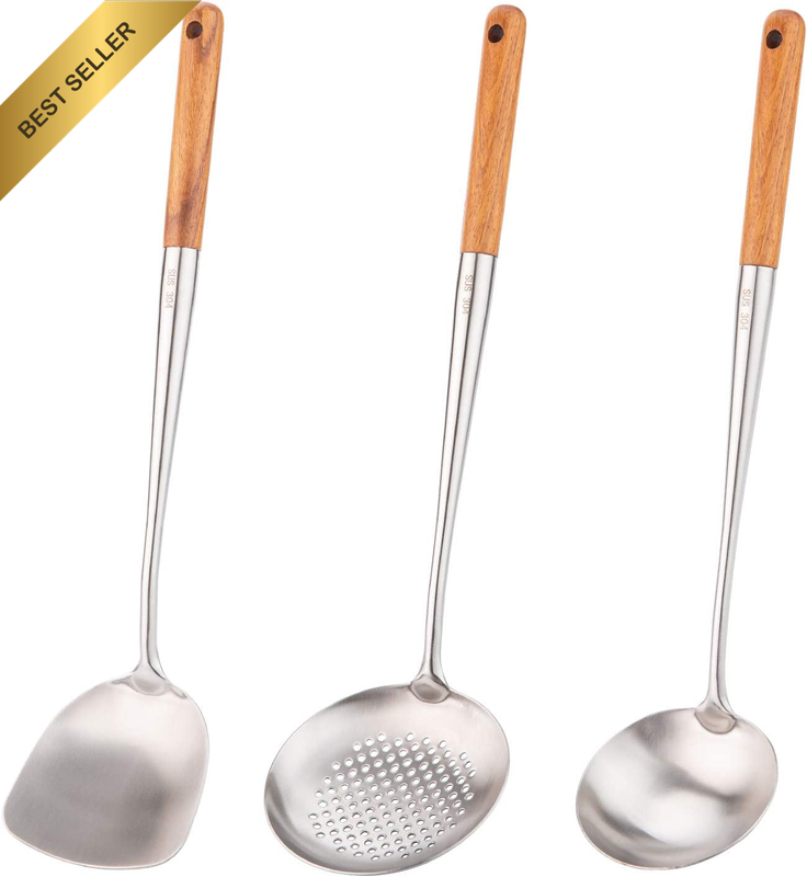 3PC Wok Spatula Ladle Skimmer 17in 304 Stainless Steel Set