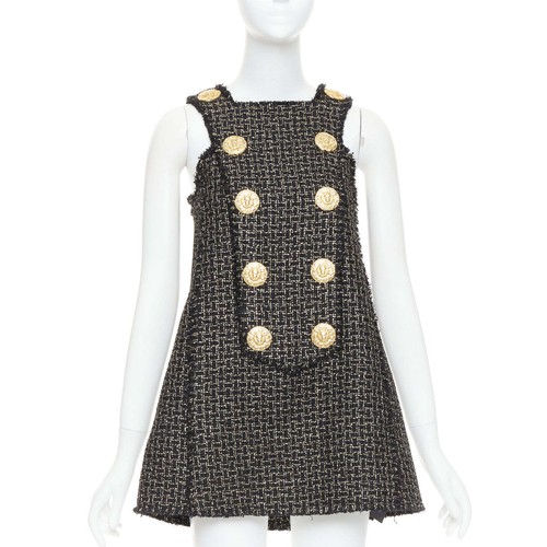 BALMAIN black gold Lion Heart metallic tweed Aline swing