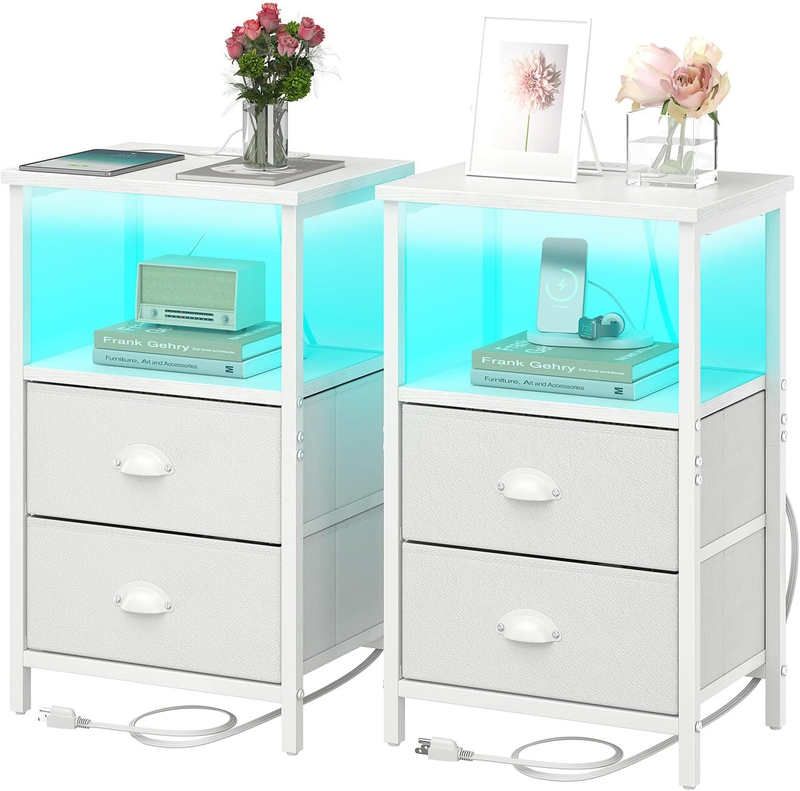 Nightstand with Charging Station, LED Night Stand Set 2, Bedside Table End Tables Set of 2, Bedroom Tables with 2 Fabric Drawers PU Finish, 3-Tier Storage Side Table for Bedroom,White