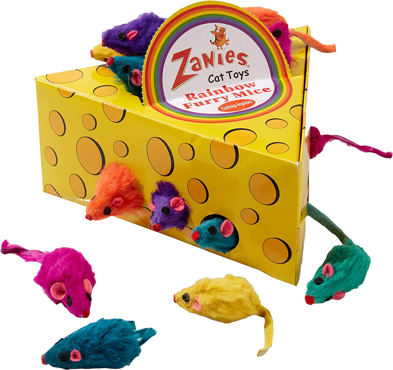 Zanies Womens Cheese Wedge Display Box with 60 Rainbow Mice Cat Toy, Rainbow, 5X
