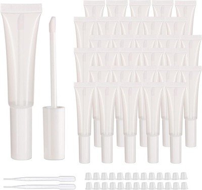 COSIDEA 50 pack Empty White 15ml Squeeze lip gloss tubes with wand 0.5oz soft l