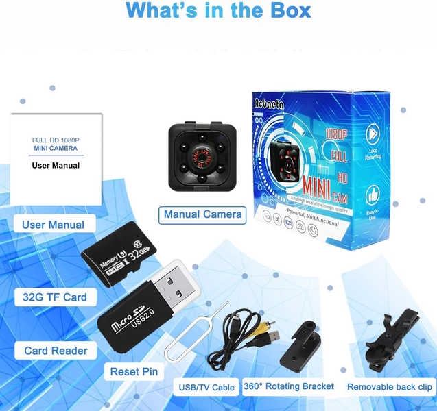 1080p Mini Camera with accessories and packaging.