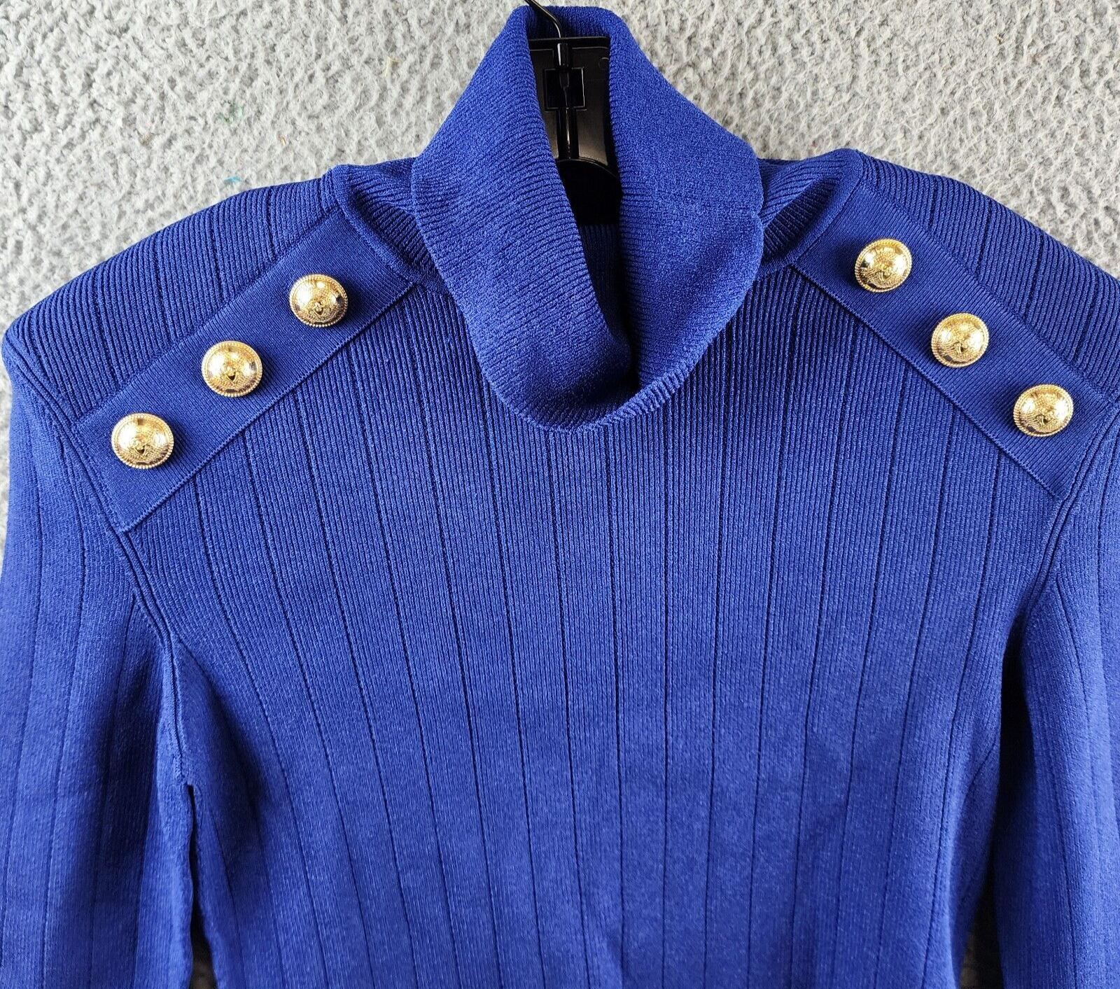 BALMAIN Knit Gold Button Sweater Women's 46 Blue Roll Turtleneck Pullover L/S - Picture 3 of 14