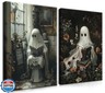 Framed Halloween Cute Ghost Canvas Wall Art Set of 2 - Gothic Bathroom Decor, Ghost Reading Book and Newspaper Wall Decor, Dark College Halloween Aesthetic for Living Room Bedroom 12x16 inch