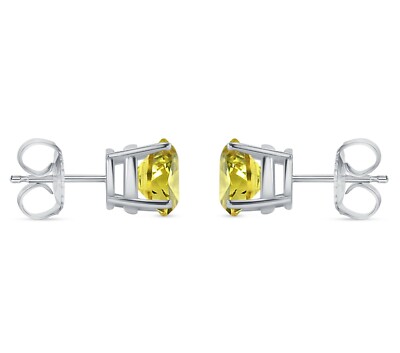 Pre-owned Shine Brite With A Diamond 4 Ct Round Cut Canary Earrings Studs Solid Real 950 Platinum Push Back Basket In White