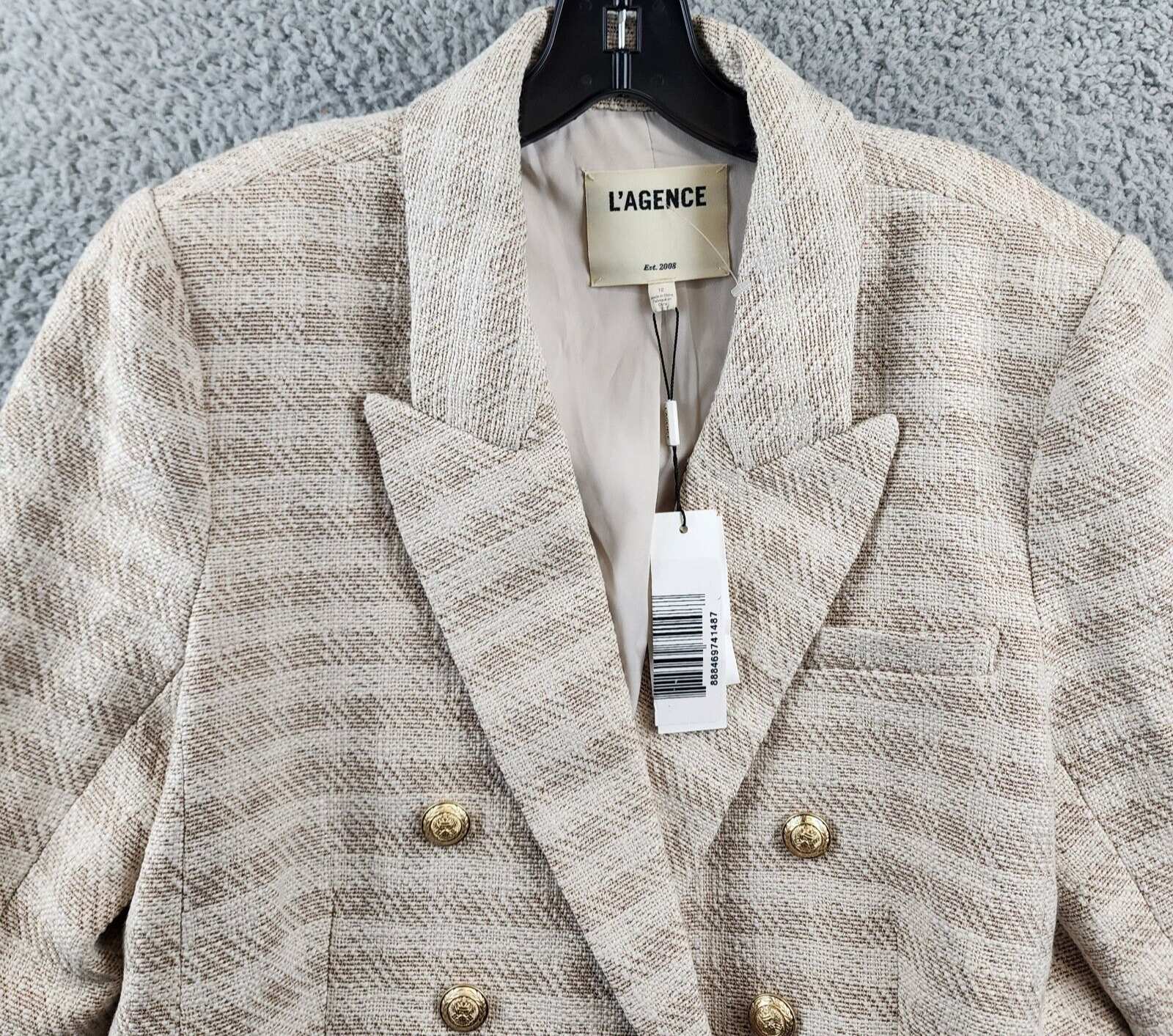 Pre-owned L'agence Kenzie Checked Double Breasted Blazer Women's 12 Ecru Gold Long Sleeve