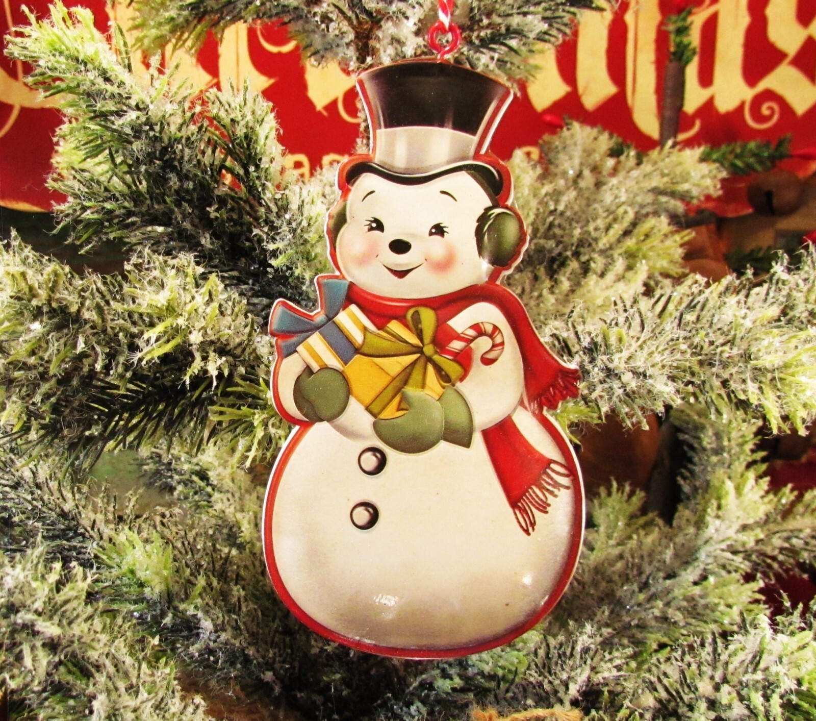 Primitive Antique Vtg Style Retro 5" Snowman Christmas Tree Tin Ornament