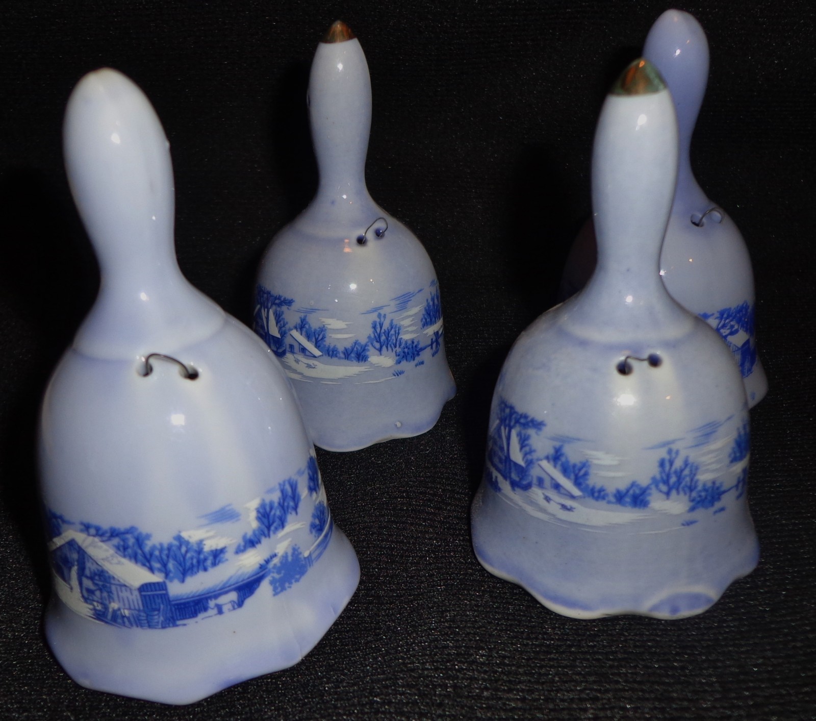 CURRIER & IVES BLUE BELL SET OF 4 WITH CLAPPERS.  VINTAGE PORCELAIN