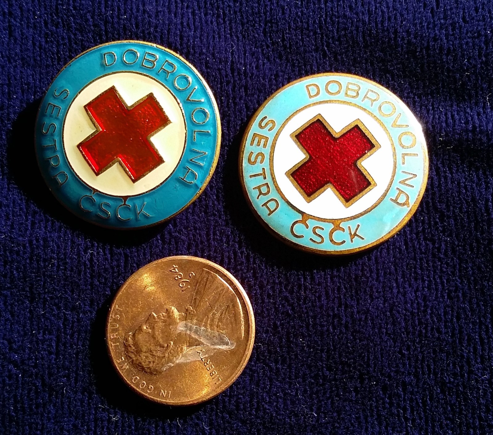 2 Vintage Red Cross Pin Dobrovolna Czechoslavakia Sestra CSCK Nurse READ