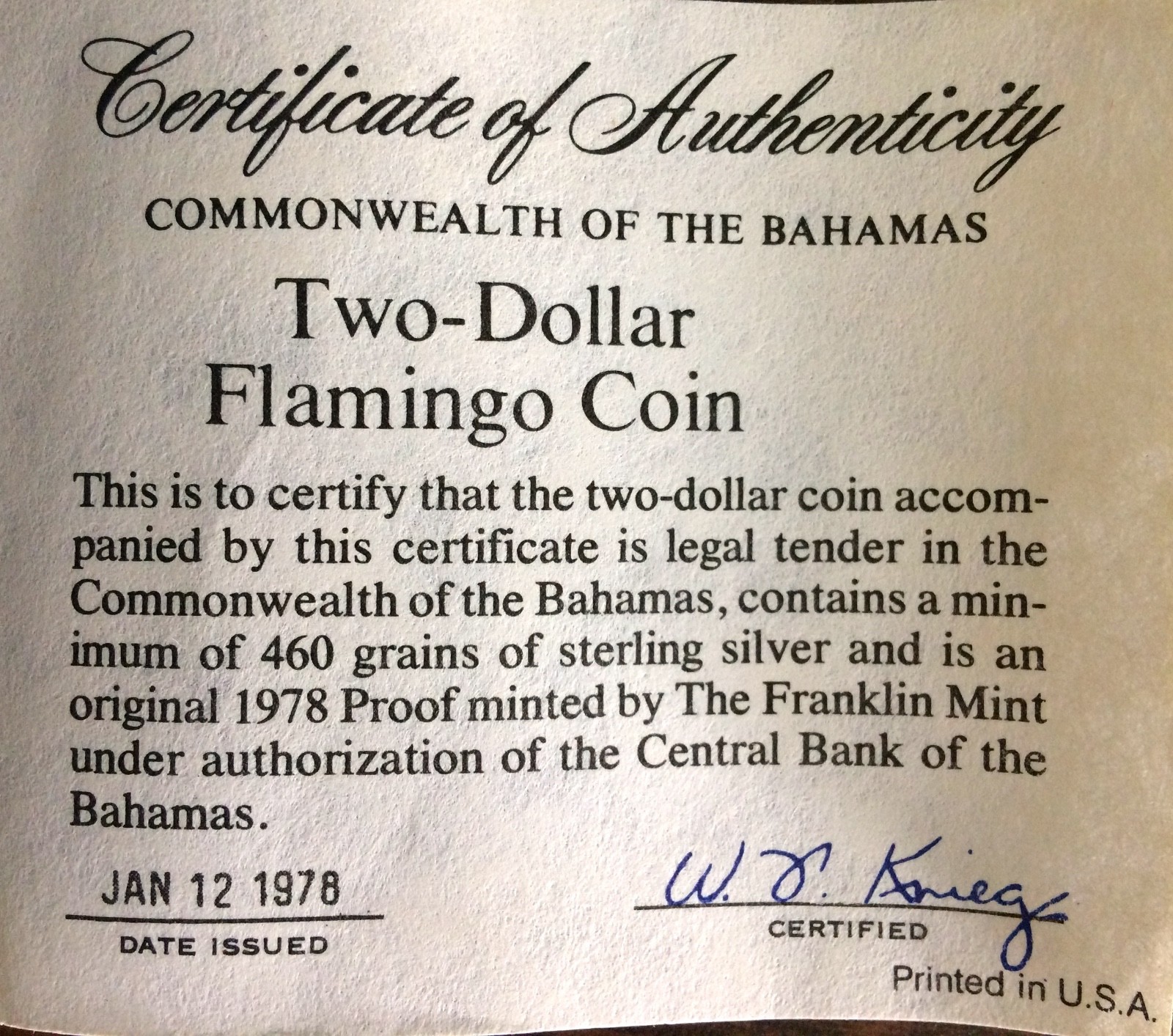 TWO DOLLAR FLAMINGO COIN OF THE BAHAMAS MINTED BY FRANKLIN MINT.