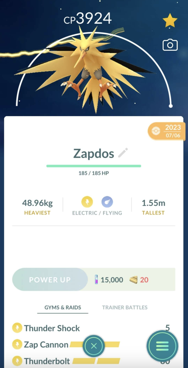 Pokémon Go Zapdos Lvl 49.5 / Legacy / Powered Up Legendary