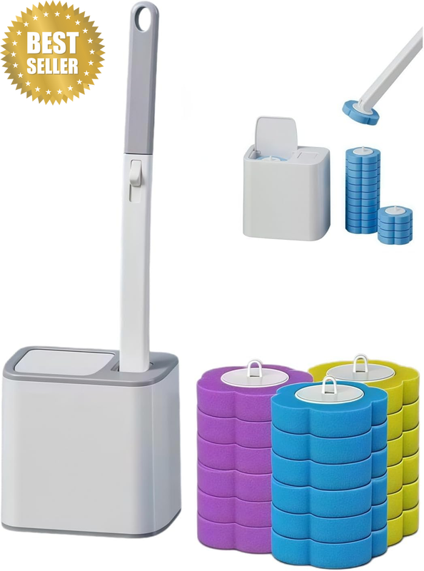 Disposable Toilet Brush and Holder Set with 24 Refills - Extended Handle Wall Mo