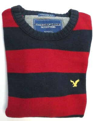 NEW American Eagle Mens Vintage Fit Blue Red Striped Wool Pullover Sweater RARE
