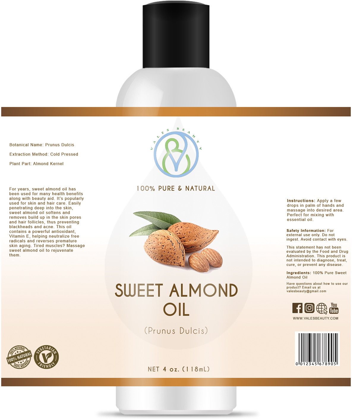 Sweet Almond Carrier Oil 4 oz - 100% Pure & Natural Cold Pressed For Skin & Hair