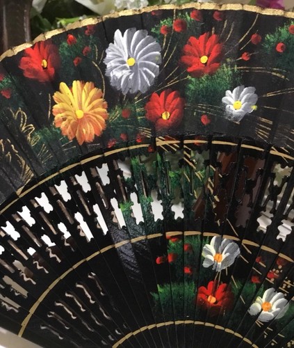 Vintage Chinese Japanese Hand Painted Black Floral Hand Fan 16.5”