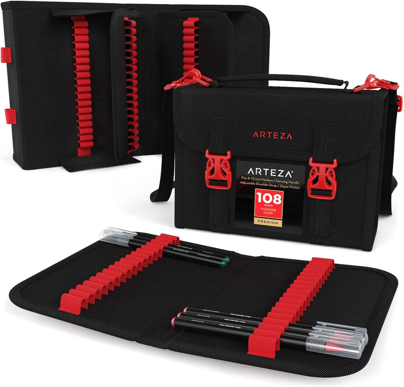 Marker Pen Organizer Case, 108 Slots, Removable Baldric, Zipper Pocket and Carry