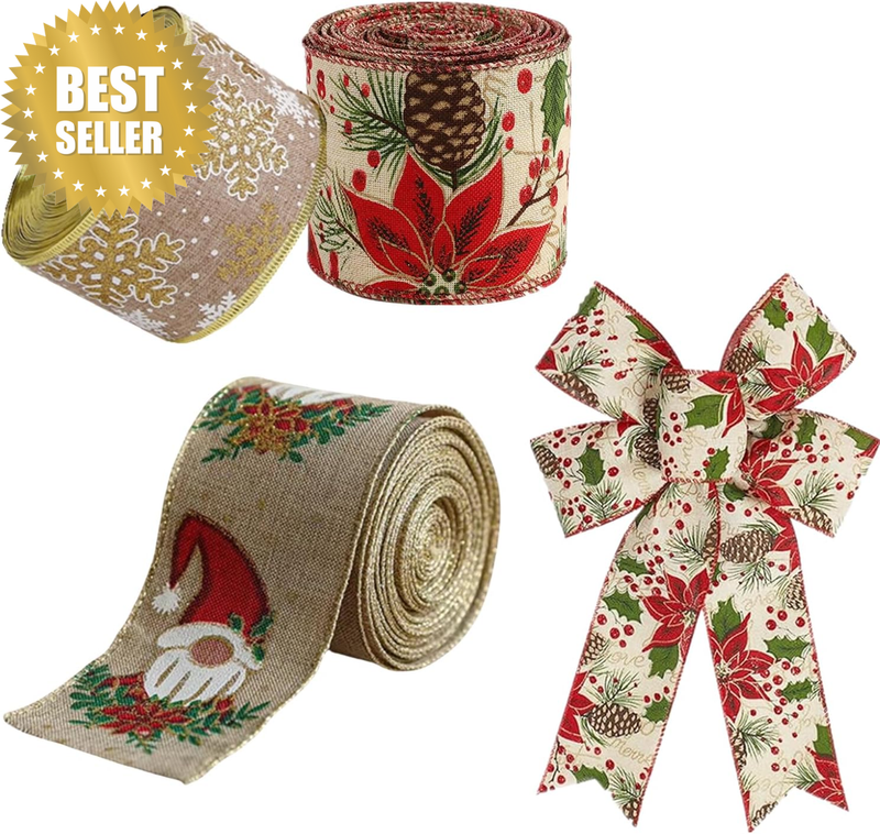Christmas Ribbon,3 Rolls 5M Christmas Candy Wired Edge Ribbon 6.5Cm Wide Christm
