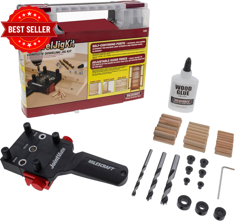 1383 Dowel Jig Kit - New, Improved, Self-Centering Handheld Dowel Jig with 3 Met
