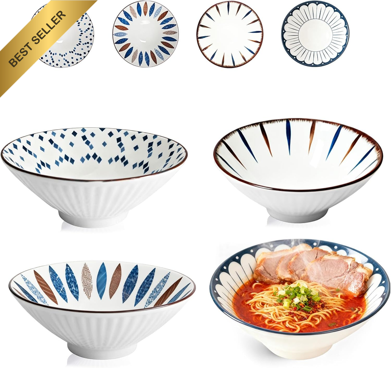 8-Inch Ceramic Ramen Bowl Set of 4, Porcelain Japanese Salad Noodles Cereal Frui
