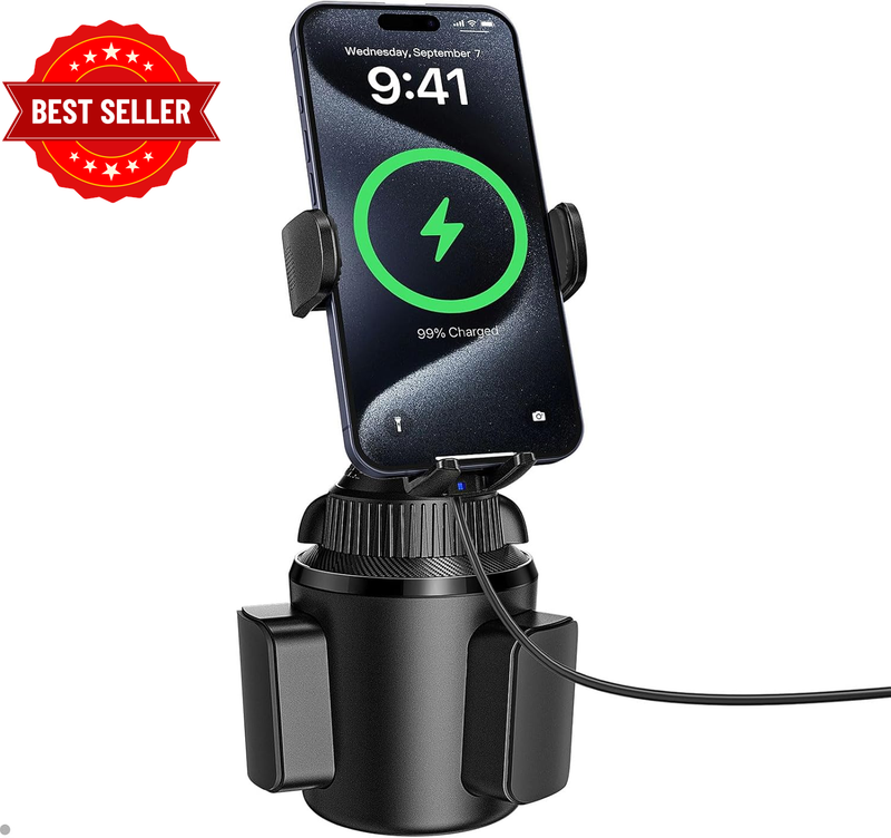 15W Qi Wireless Car Charger Solid Cup Holder Mount, Adjustable Long Arm & 360° R