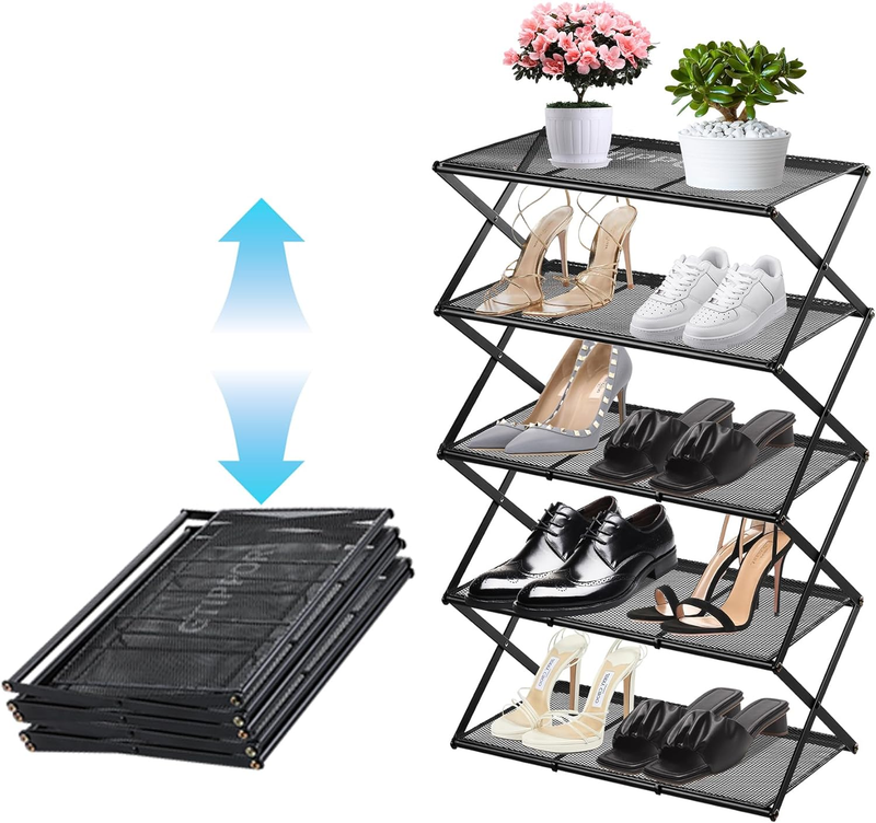 Shoe Rack for Entryway 5 Tier Foldable Shoe Rack without Assembly Collapsible Metal Shoe Organizer Folding Shoe Storage Rack for Door, Living Room, Black