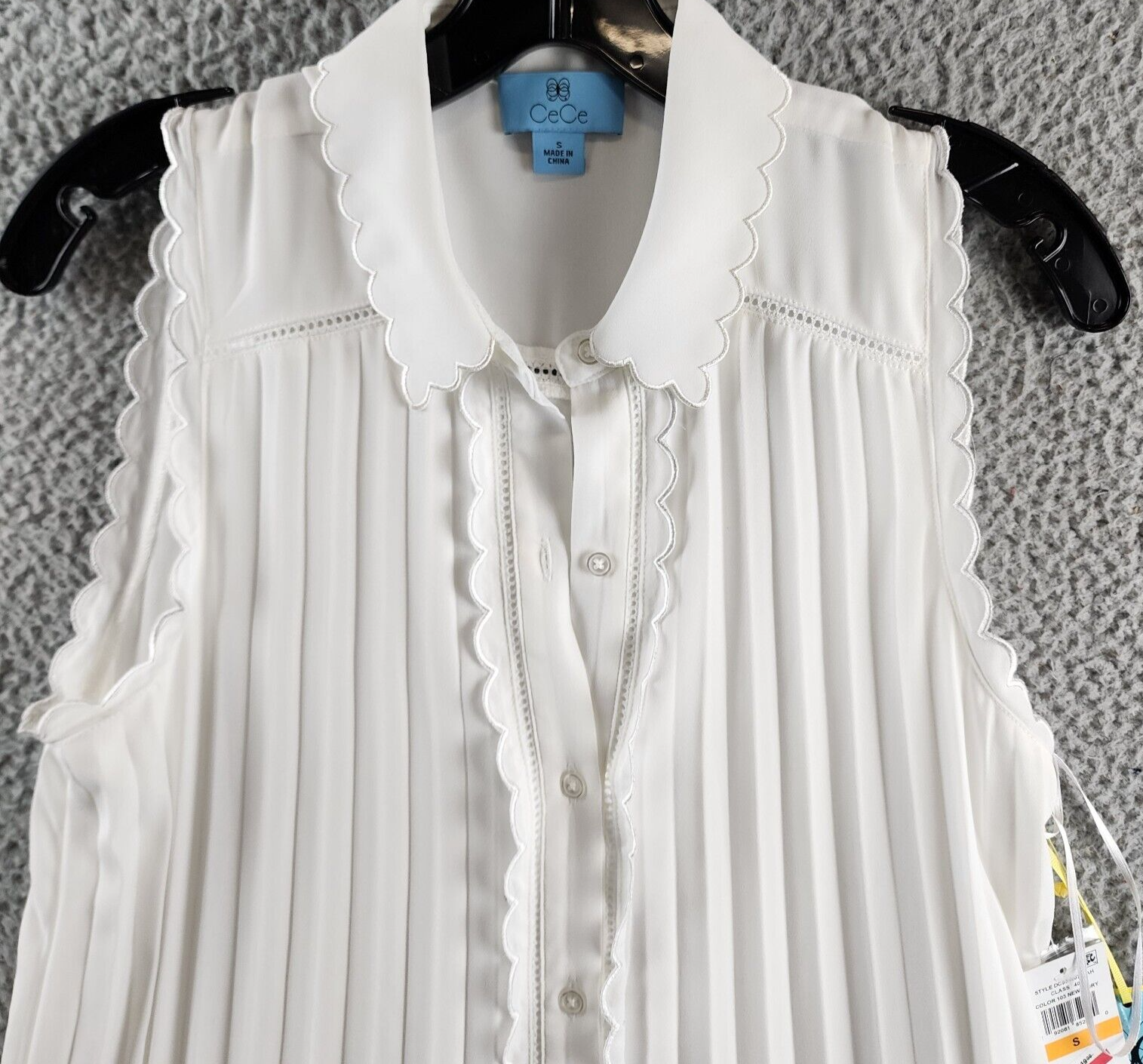 CeCe Pleated Scallop-Trim Button-Up Dress Women's S New Ivory Button Closure~ - Picture 3 of 13