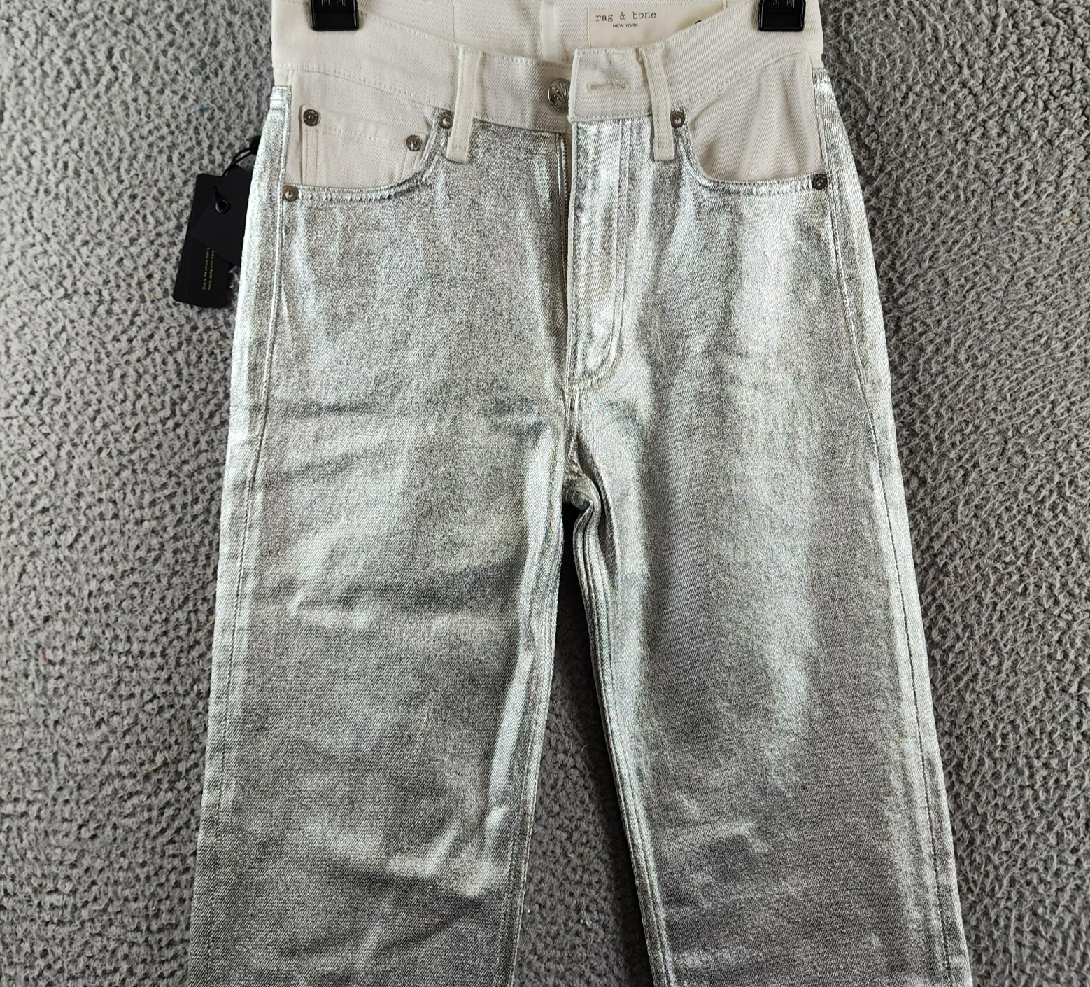 rag & bone Harlow High Rise Straight Jeans Women's 23 Coated Silver Button Zip - Picture 4 of 15