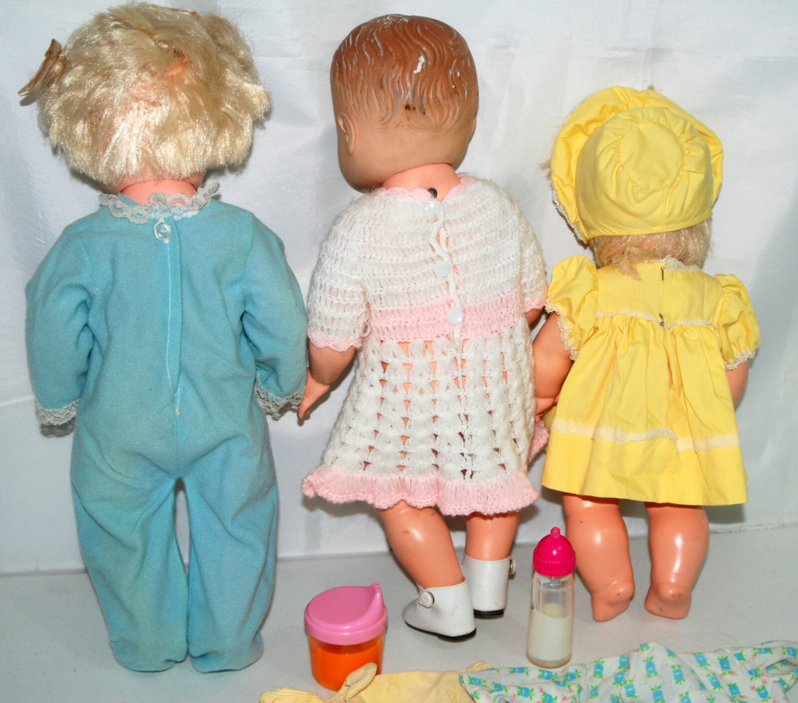 Vintage Eegee Baby Dolls Lot 3 Extra Clothes Dress Shoes Bottles Flannel Crochet