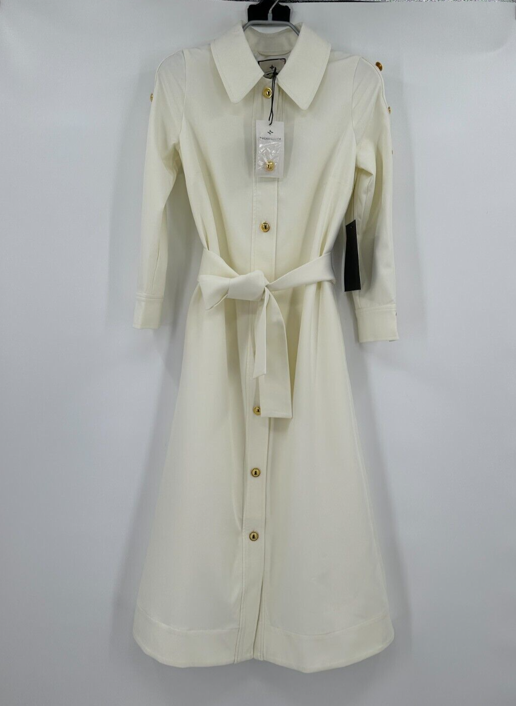 Tuckernuck Cream Belted Sarah Dress sz L Gold Button Down