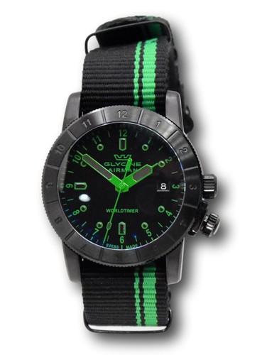 Pre-owned Glycine Airman Worldtimer Men's 42mm Swiss Made Quartz Double Black Watch Gl1041