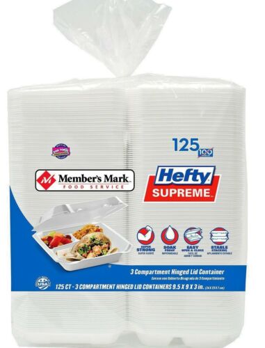(125 TRAYS) HEFTY SUPREME 3-COMPARTMENT RESTAURANT CARRY OUT TRAY 9.5" x 9" x 3"