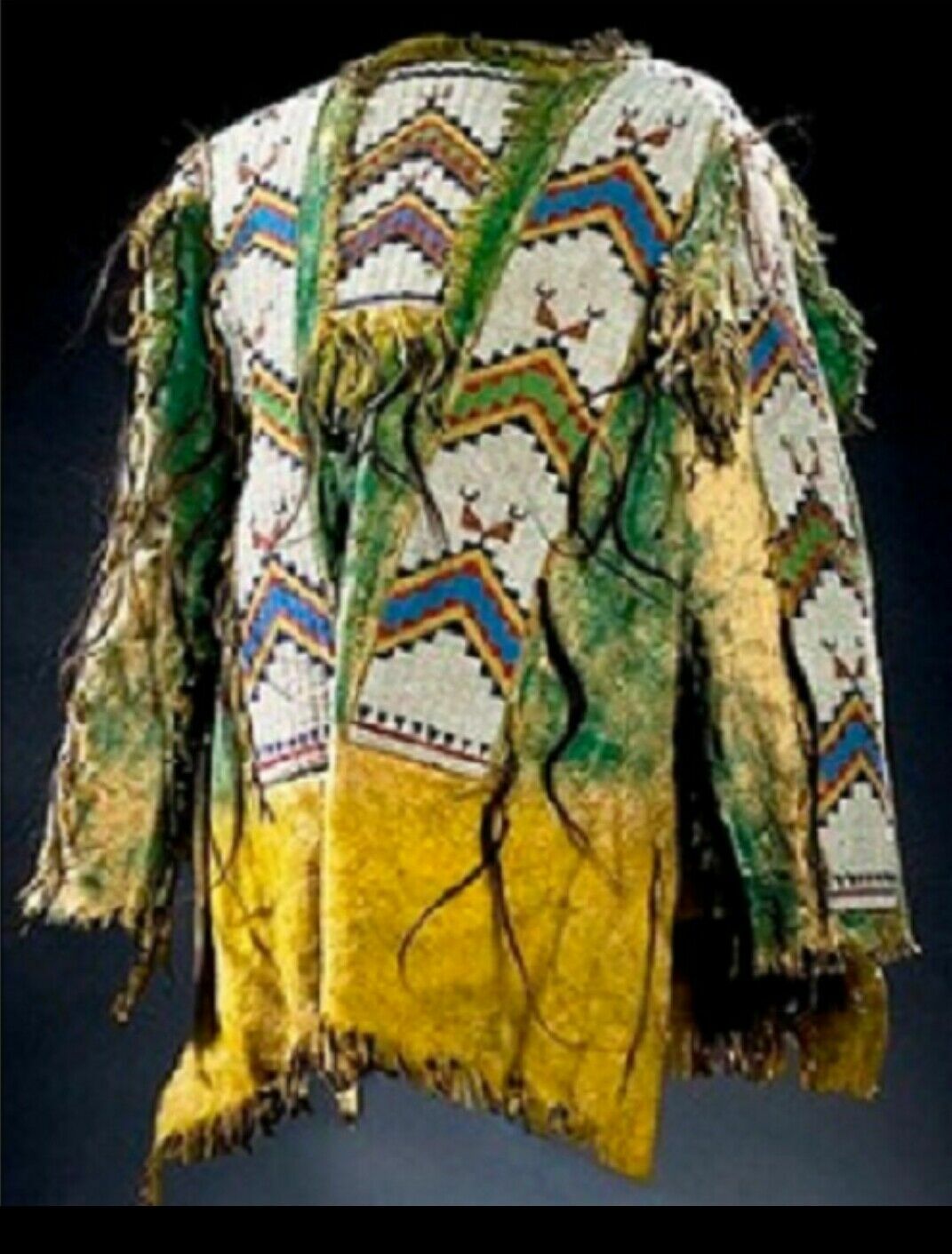 Pre-owned Handmade Old American Style Tan Suede Leather Fringes Sioux Beaded Powwow War Shirt Na400 In Tan Green Hand Colored