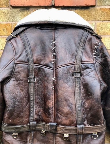 Pre-owned Vintage Battle Fallout Coat Cosplay Costume Trench Overcoat, Real Fur Collar 100% Leath In Brown
