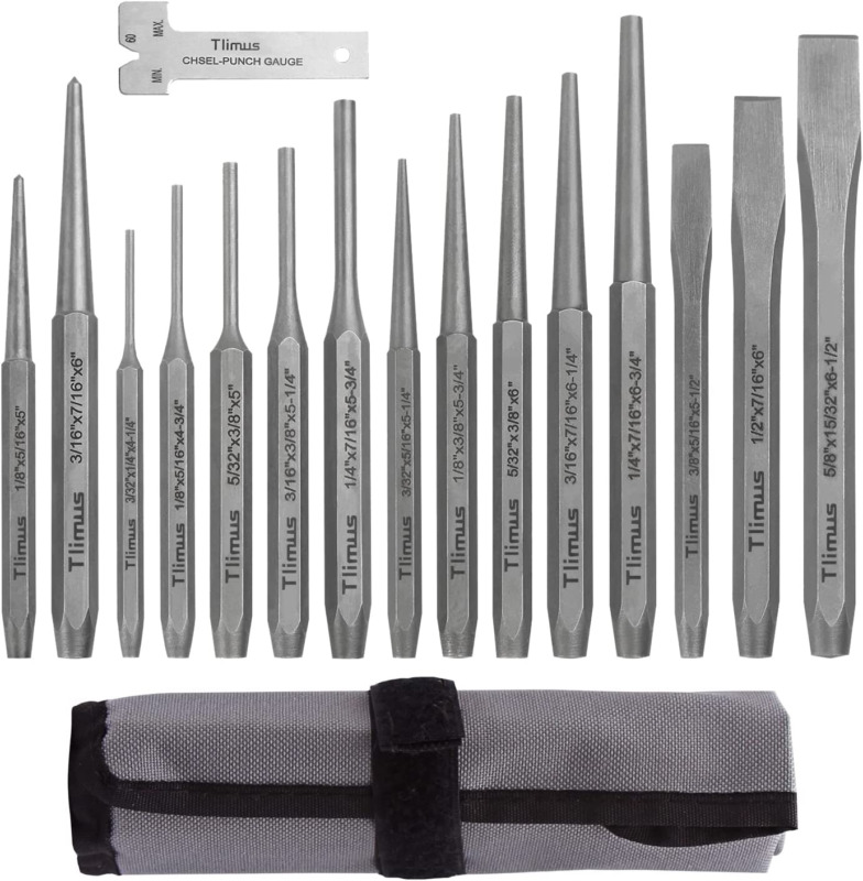 16 Pieces Punch And Chisel Set, Including Taper Punch, Cold Chisels, Pin Punch,