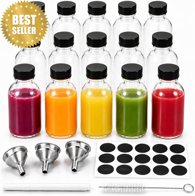 15 Pack Glass Bottles with Lids & 3 Funnels, 60Ml Juice Shot Bottles