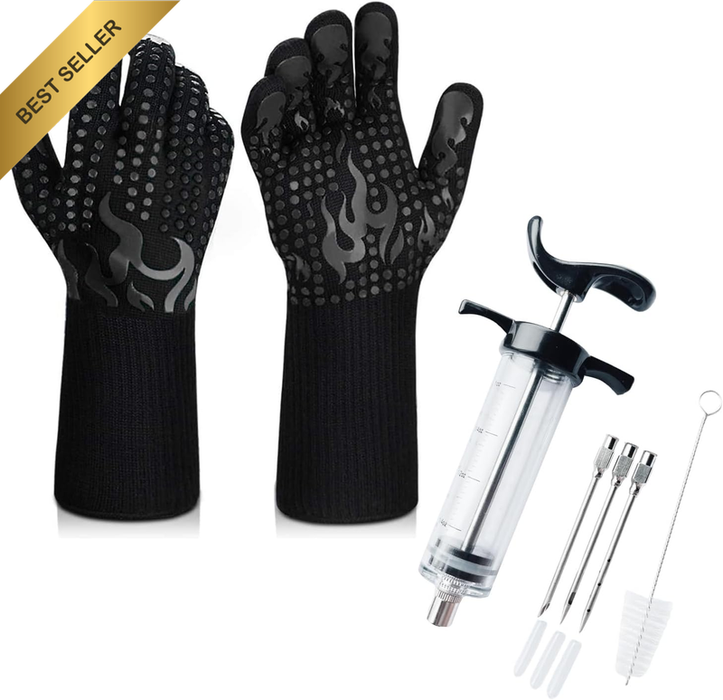 BBQ Grilling Gloves 1472°F Extreme Heat Resistant with Marinade Injector